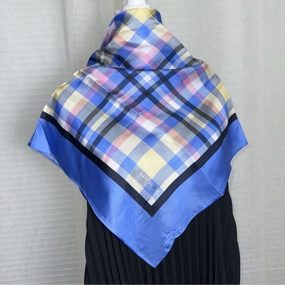 kate spade Blue Pastel Yellow Pink Garden Plaid Square Scarf - Picture 1 of 7